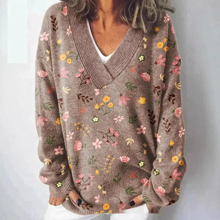 Women's floral pattern printed V-neck sweatshirt with 3D effect and long sleeves