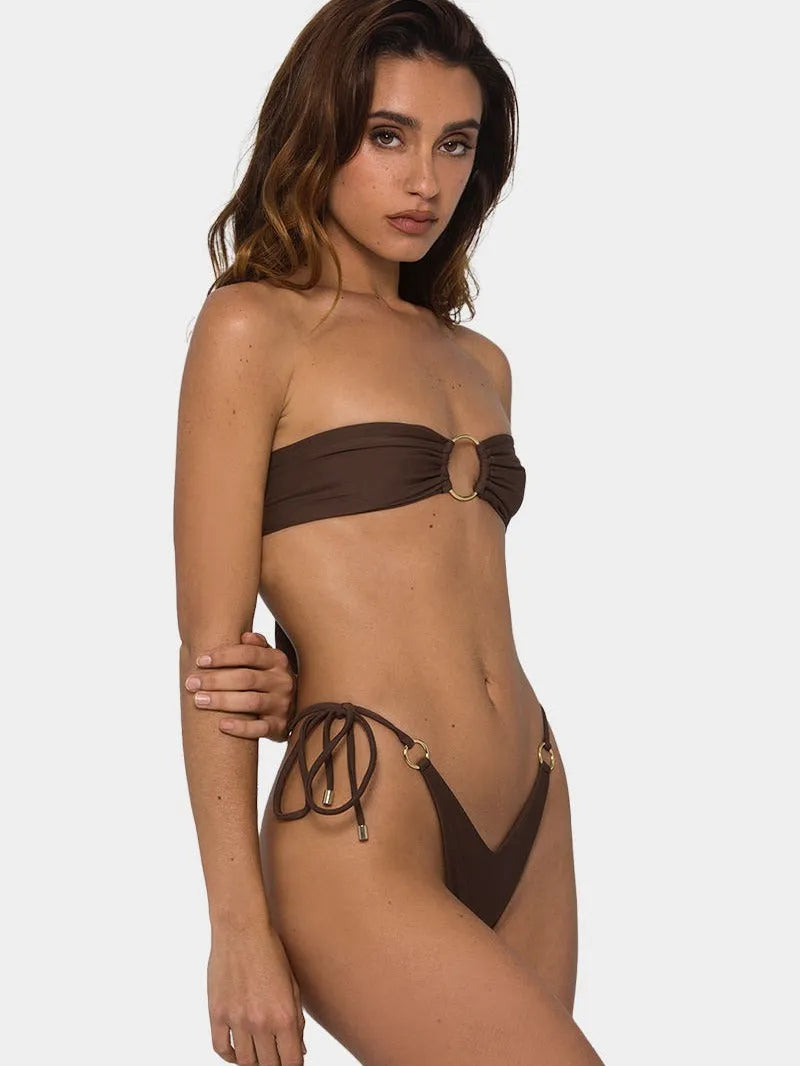 Brown women's push up bikini swimsuit with tube-top ring tether design