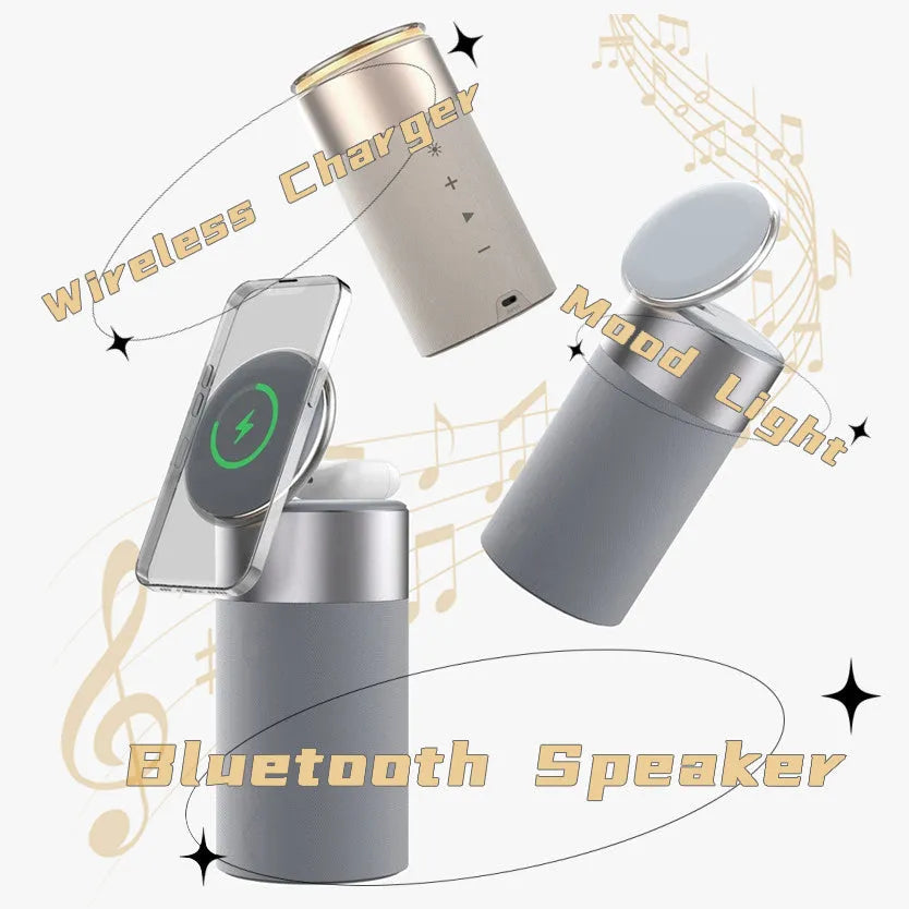 3-in-1 wireless charger Bluetooth speaker touch lamp for iPhone and AirPods in Gold colour on desk