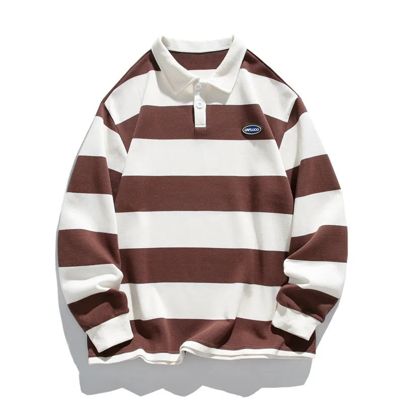 Hong Kong-style striped polo shirt in pearl cotton with lapel collar and loose fit