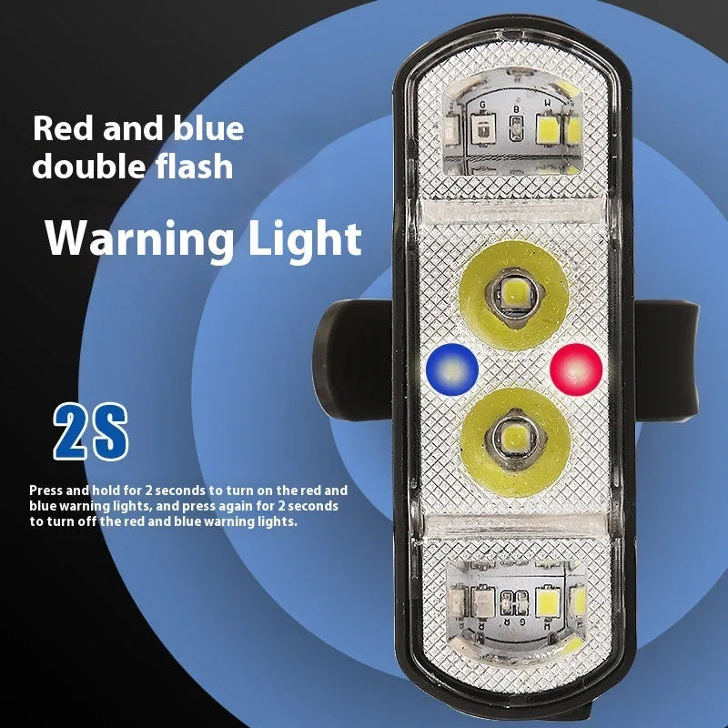 Black bicycle headlight with LED illumination mounted on handlebars