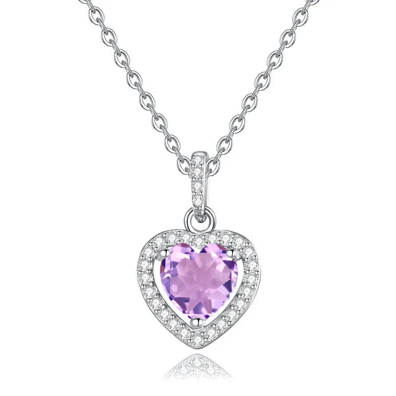 S925 sterling silver heart necklace with inlaid natural gemstone pendant on adjustable cross chain
