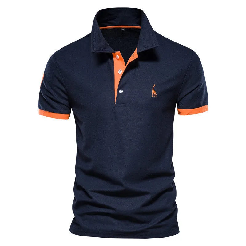 Close-up of a men's slim-fit t-shirt with a detailed embroidered deer design on the chest.