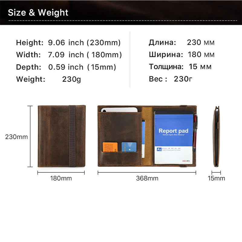 Brown Crazy Horse leather A5 notebook protective sleeve with square design and socket closure