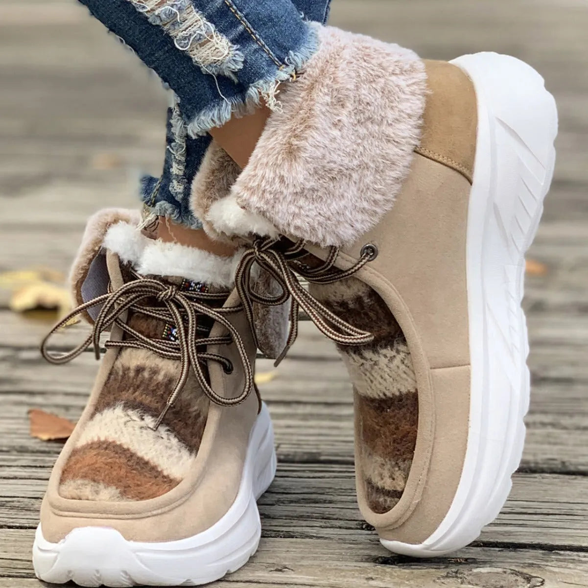 Women's beige lace-up snow boots with plush lining and non-slip rubber soles