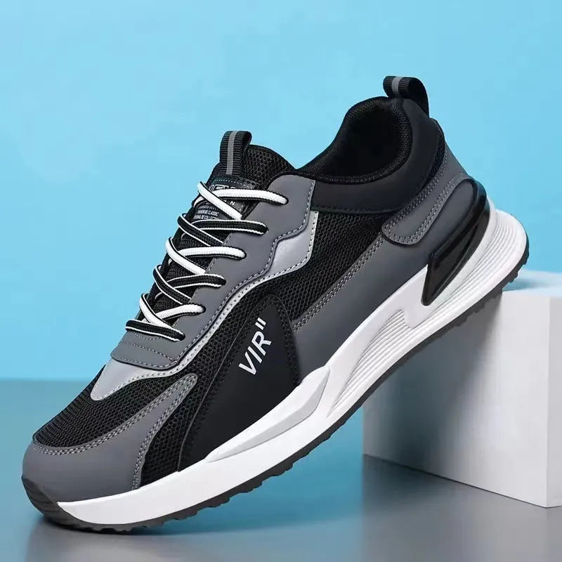 Men's colour block mesh sneakers with lace-up design and round toe for running and sports