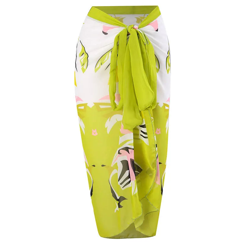 Women's blue printed one-piece swimsuit with matching gauze skirt, a holiday outfit set for swimming.