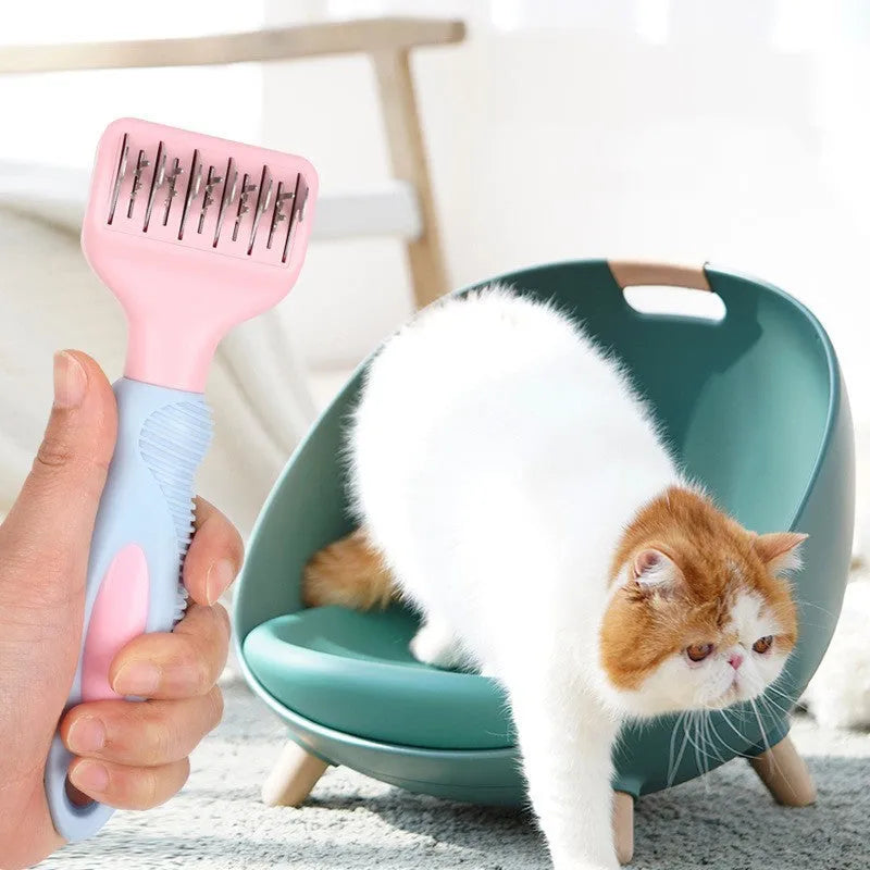 Pink stainless steel dog comb with built-in knot knife and massage brush for pet grooming