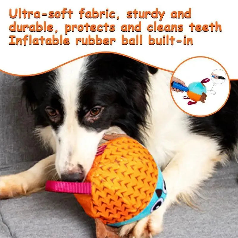 Orange interactive owl ball dog toy made from velvet and rubber for chewing and boredom relief