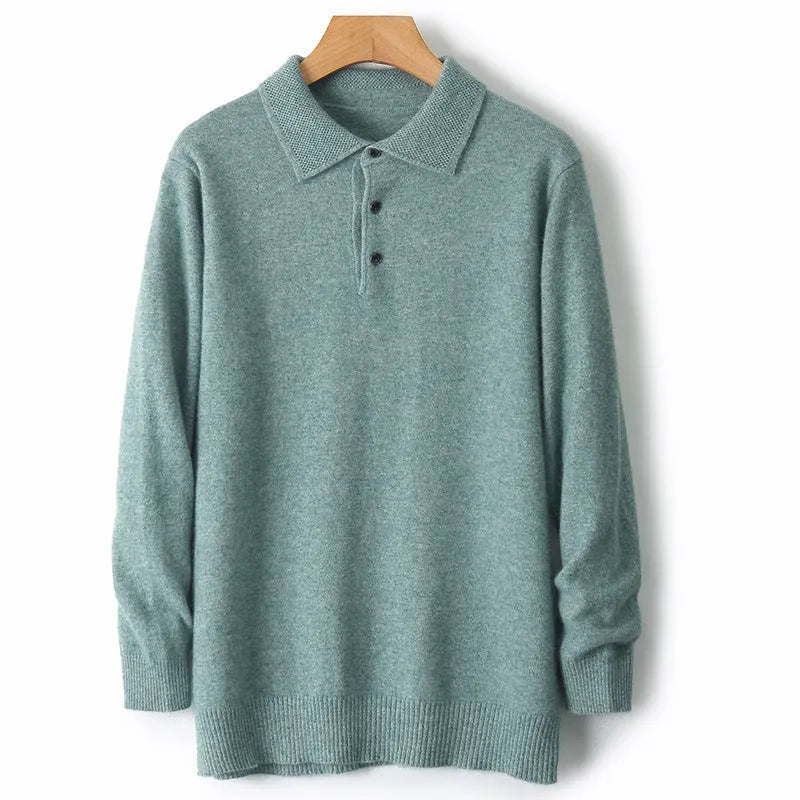 Men's grey wool pullover sweater with a polo collar and long sleeves laid flat.