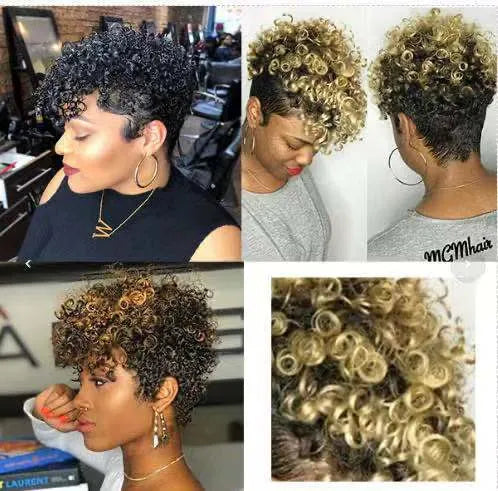 Women's short synthetic wig with simple rolls styling in exotic design showing Kanekalon fibre construction