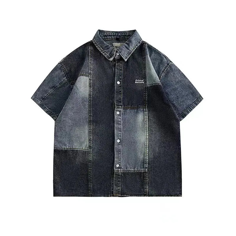 Blue Japanese-style denim shirt with retro washed stitching and loose fit cardigan design for men