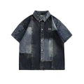 Blue Japanese-style denim shirt with retro washed stitching and loose fit cardigan design for men