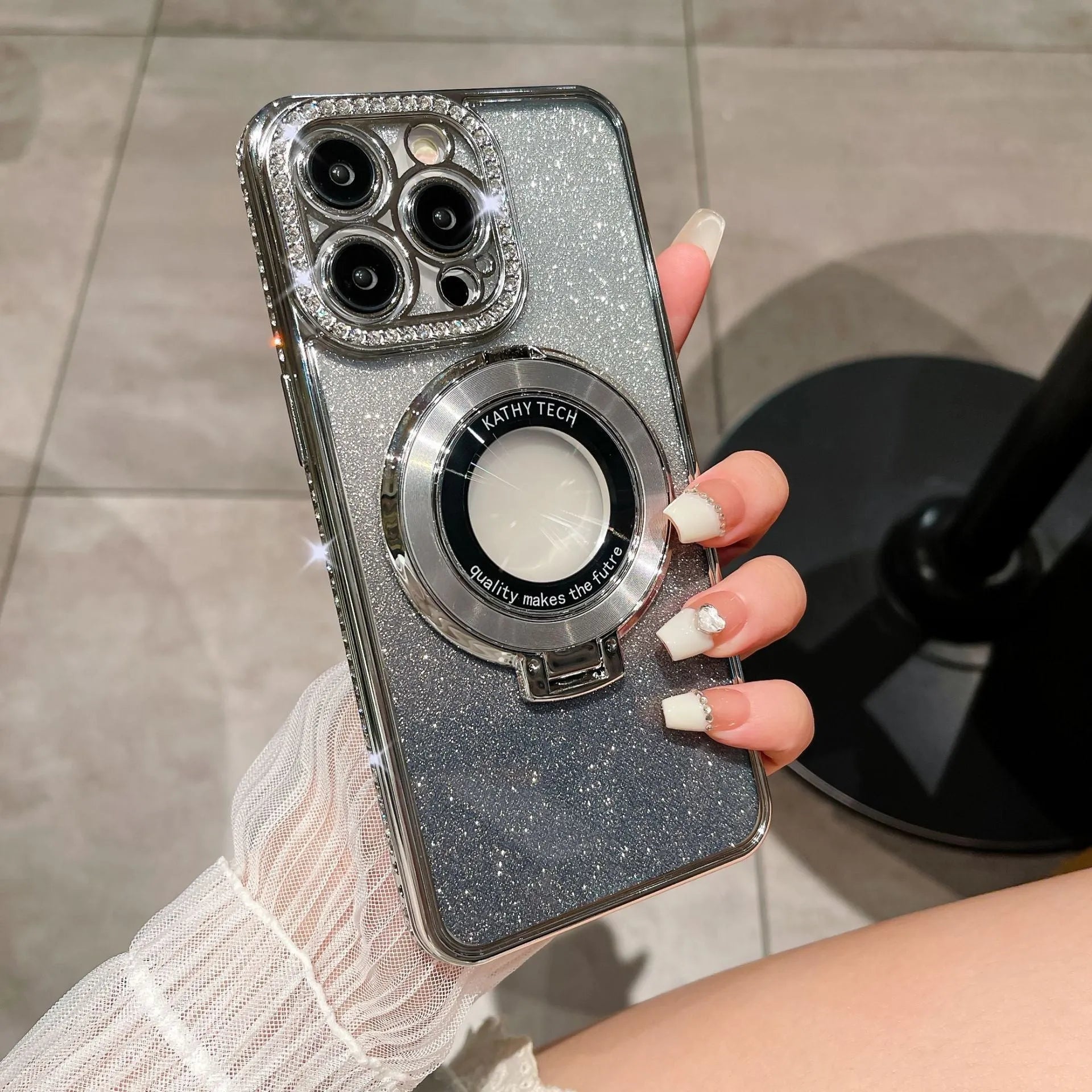 Rhinestone gradient glitter TPU phone case with magnetic suction and bracket for iPhone, peak blue gradient flash finish