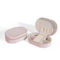 Oval velvet jewellery storage box in Korean style with flannel interior, showing colour options including lake blue, pink, and beige
