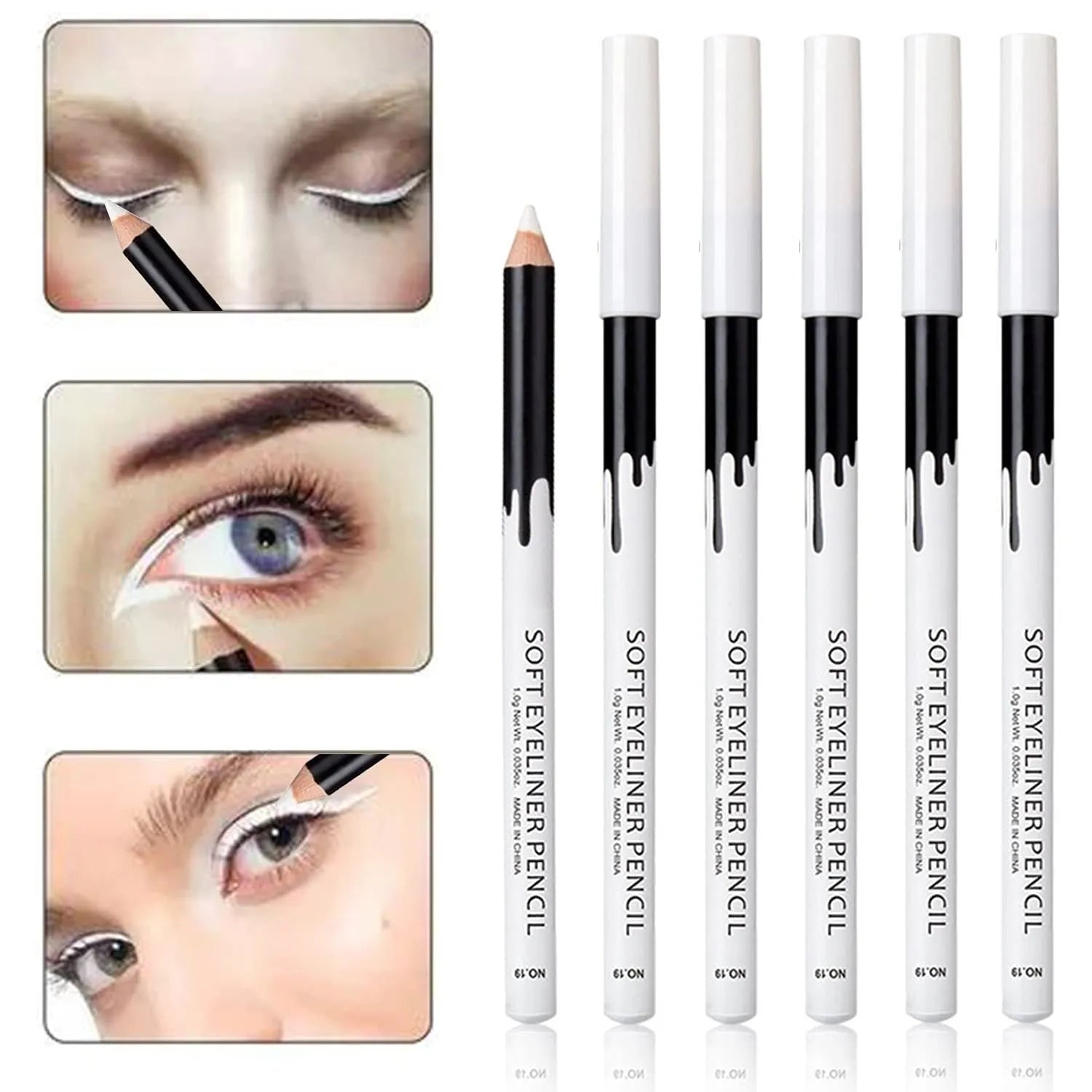 12 white and black retractable eyeliner pencils with a sharpener for waterproof makeup application.