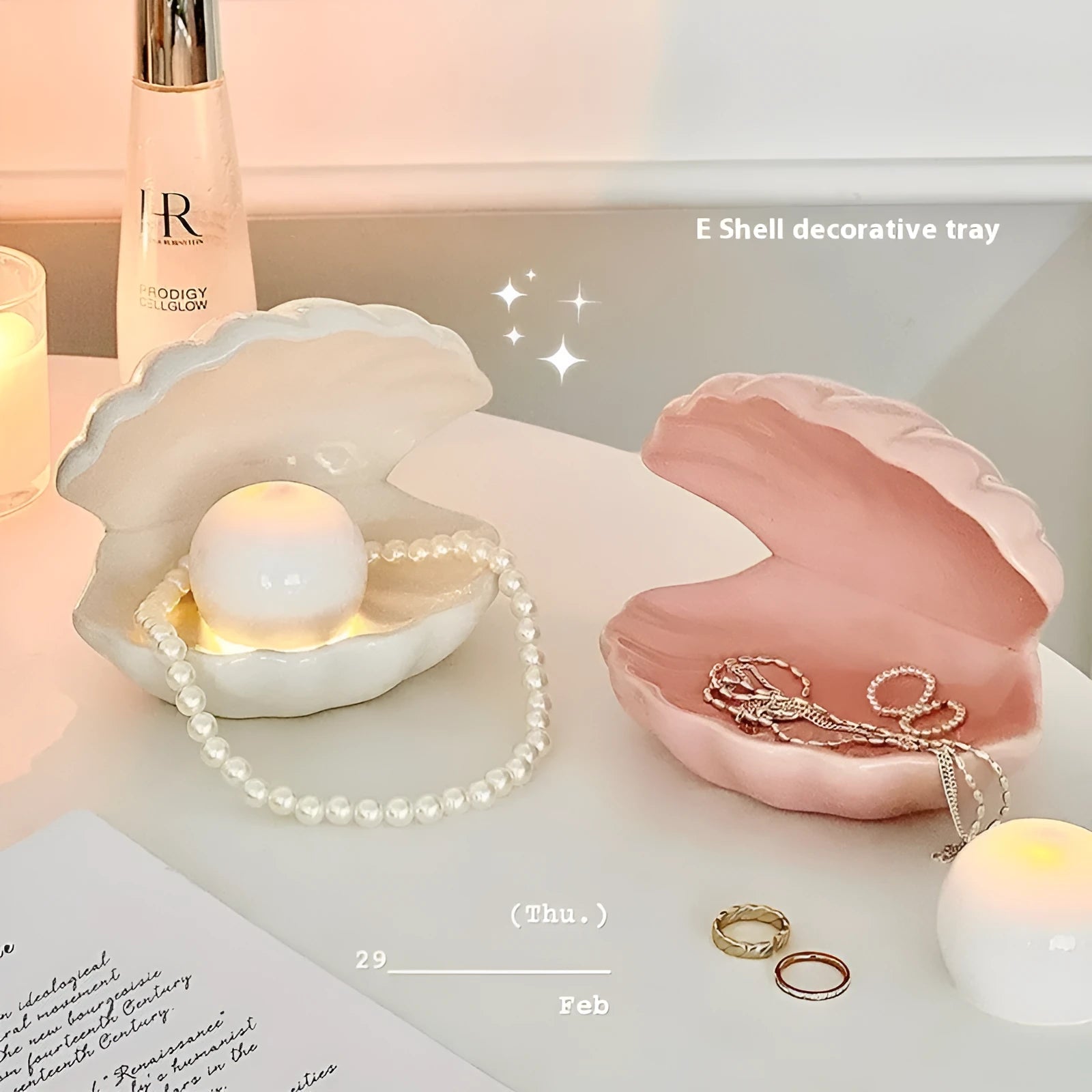 White porcelain ornament board with integrated small night lamp and storage tray for jewellery.