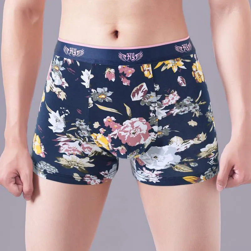 Men's breathable cotton boxer briefs with floral pattern and U-shaped design, shown in size 3XL to 10XL.