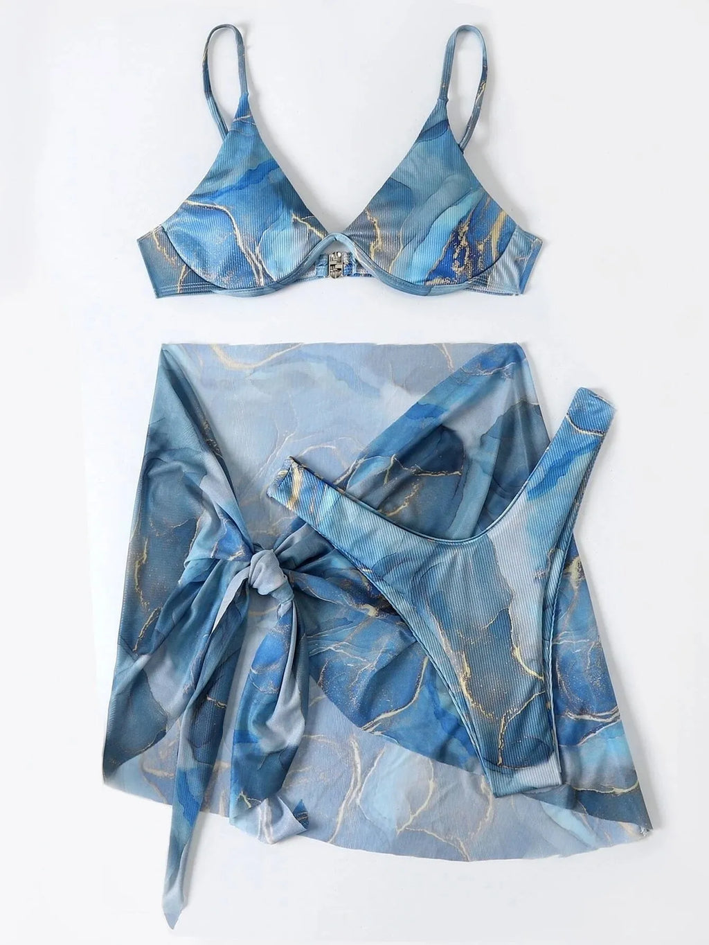 Marble print 3-piece women's bikini swimwear set with skirt, bra and panties