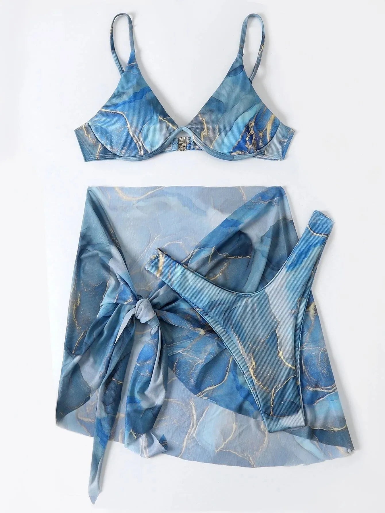 Marble print 3-piece women's bikini swimwear set with skirt, bra and panties
