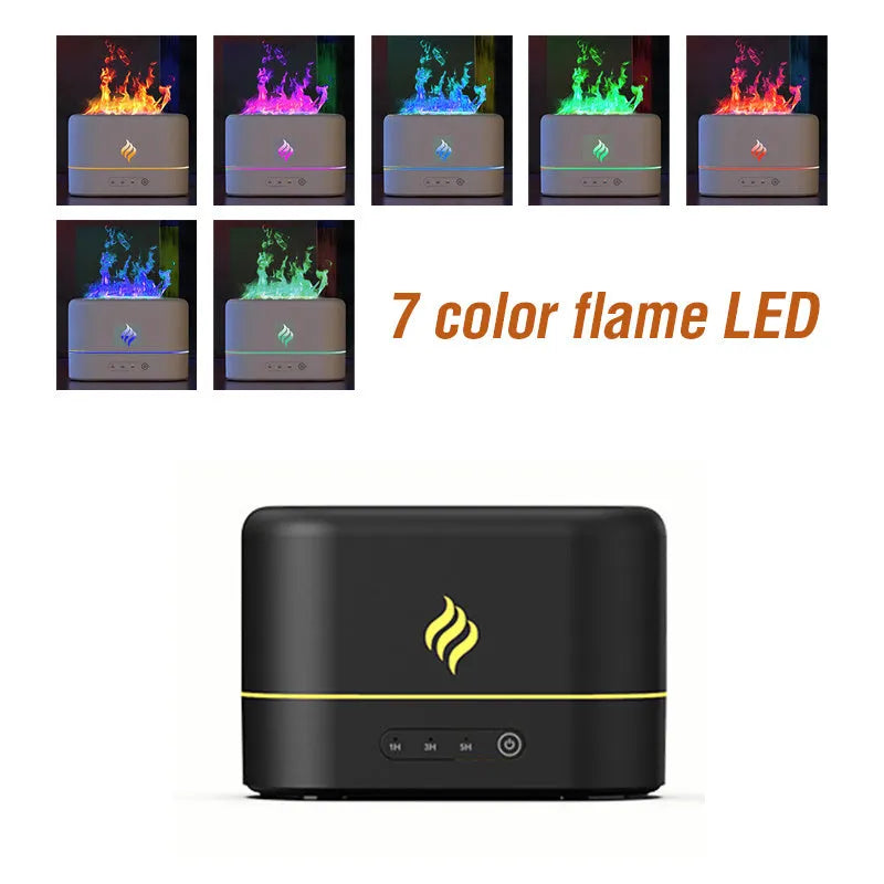 White USB humidifier with seven-colour flame effect on wooden desk showing mist output