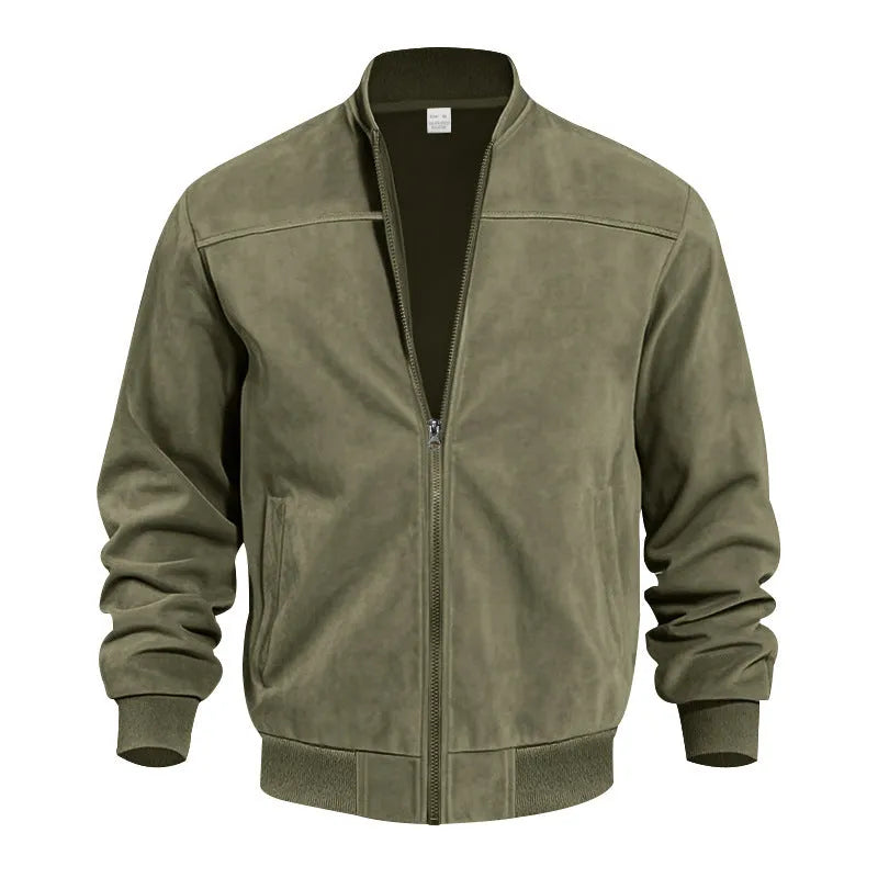 Men's plus size suede casual zipper jacket in Army Green colour