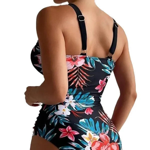 Women's floral one-piece swimsuit in polyester and spandex material
