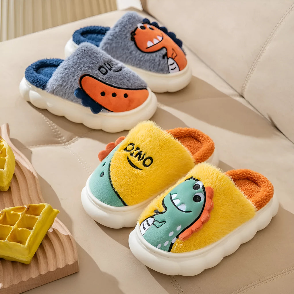 Cotton plush dinosaur print slippers with thickened construction for indoor wear