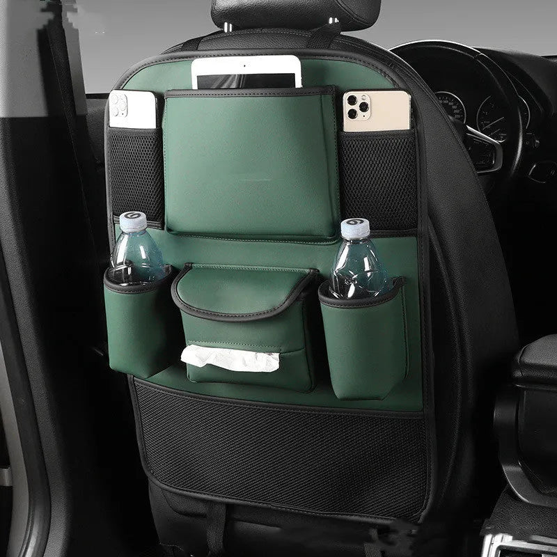 Genuine leather car seat back storage bag in suspended design showing colour options