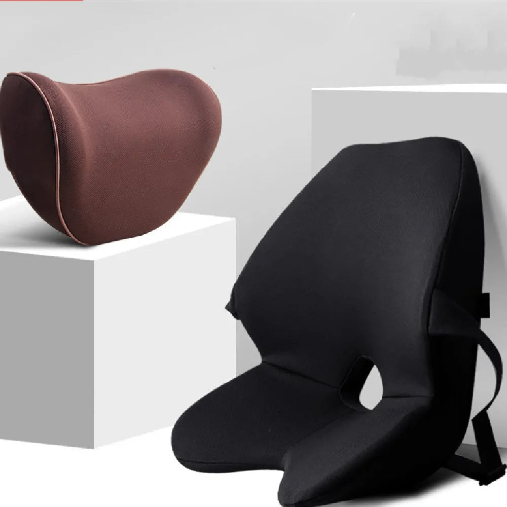Memory cotton car waist pad and headrest set in neutral colours on car seat
