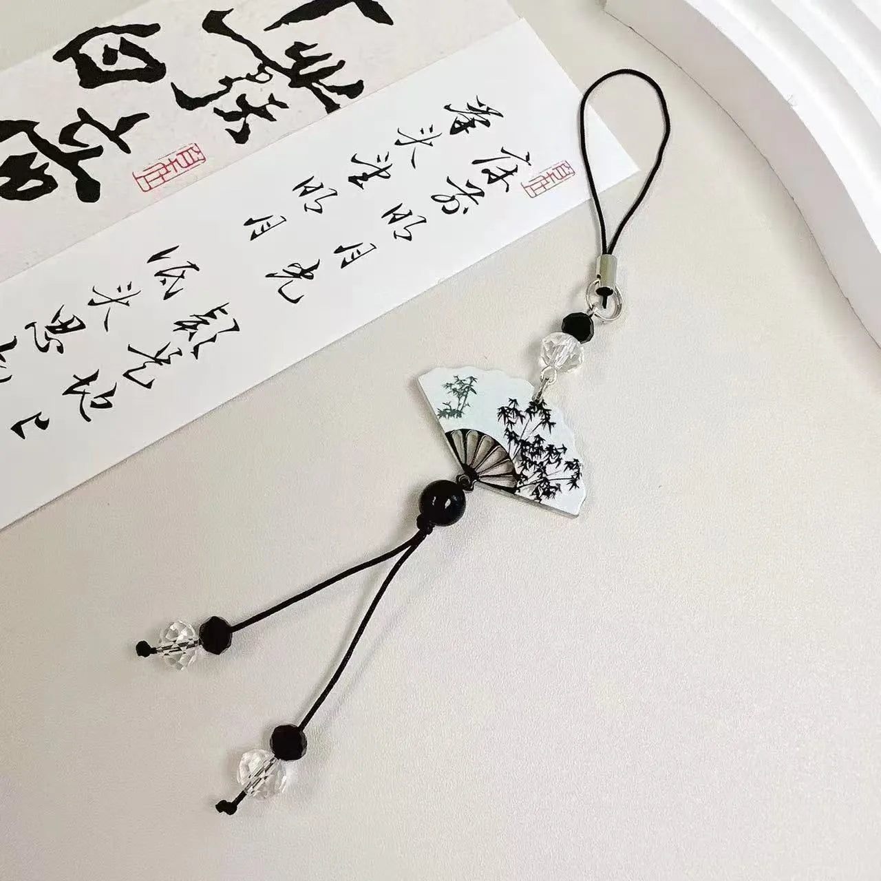Guofeng Chinese style bead keychain with flower patterns and baking varnish finish for schoolbags