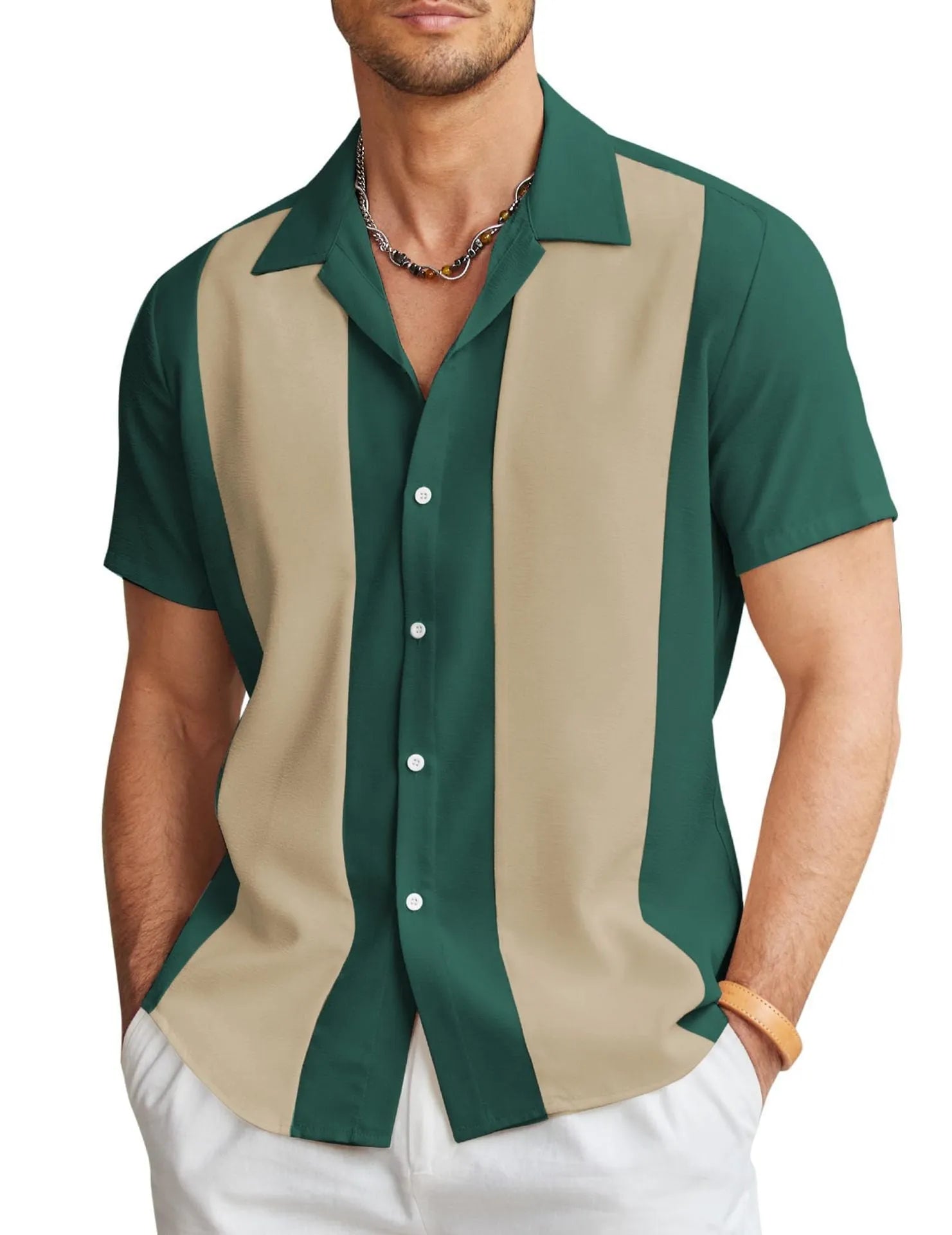 Men's slim fit Hawaiian shirt with short sleeves and digital printed pattern in cardigan style