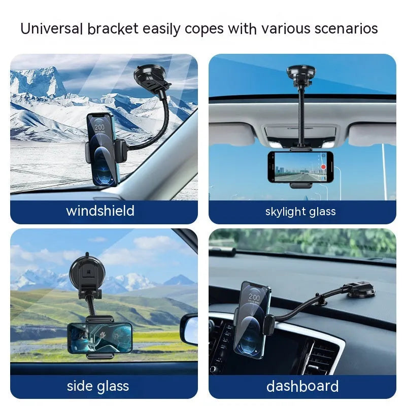 Black universal car mobile phone bracket with rotating metal arm and double supercharged design