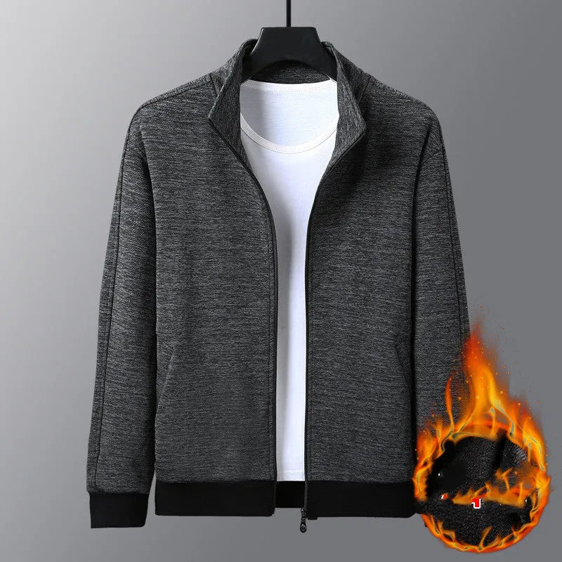 Men's black casual zip-up jacket with a stand-up collar on a hanger
