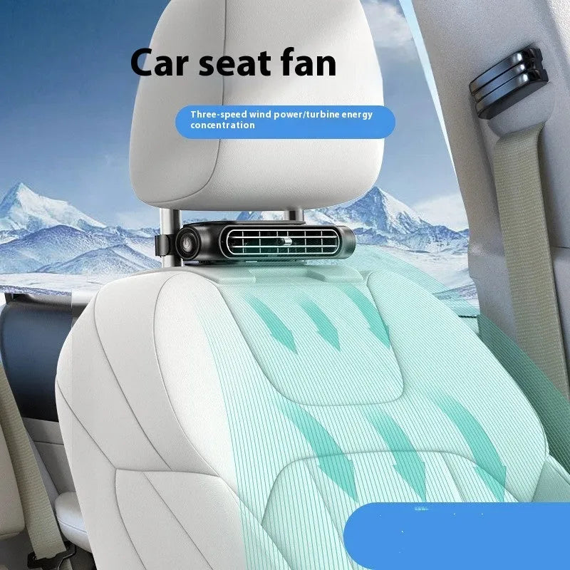 2024 model USB-powered car fan with velcro strips for mounting, shown in black, white, and beige colour options.
