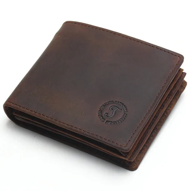 Genuine leather short vertical anti-theft swiping men's wallet in brown with saddle stitching
