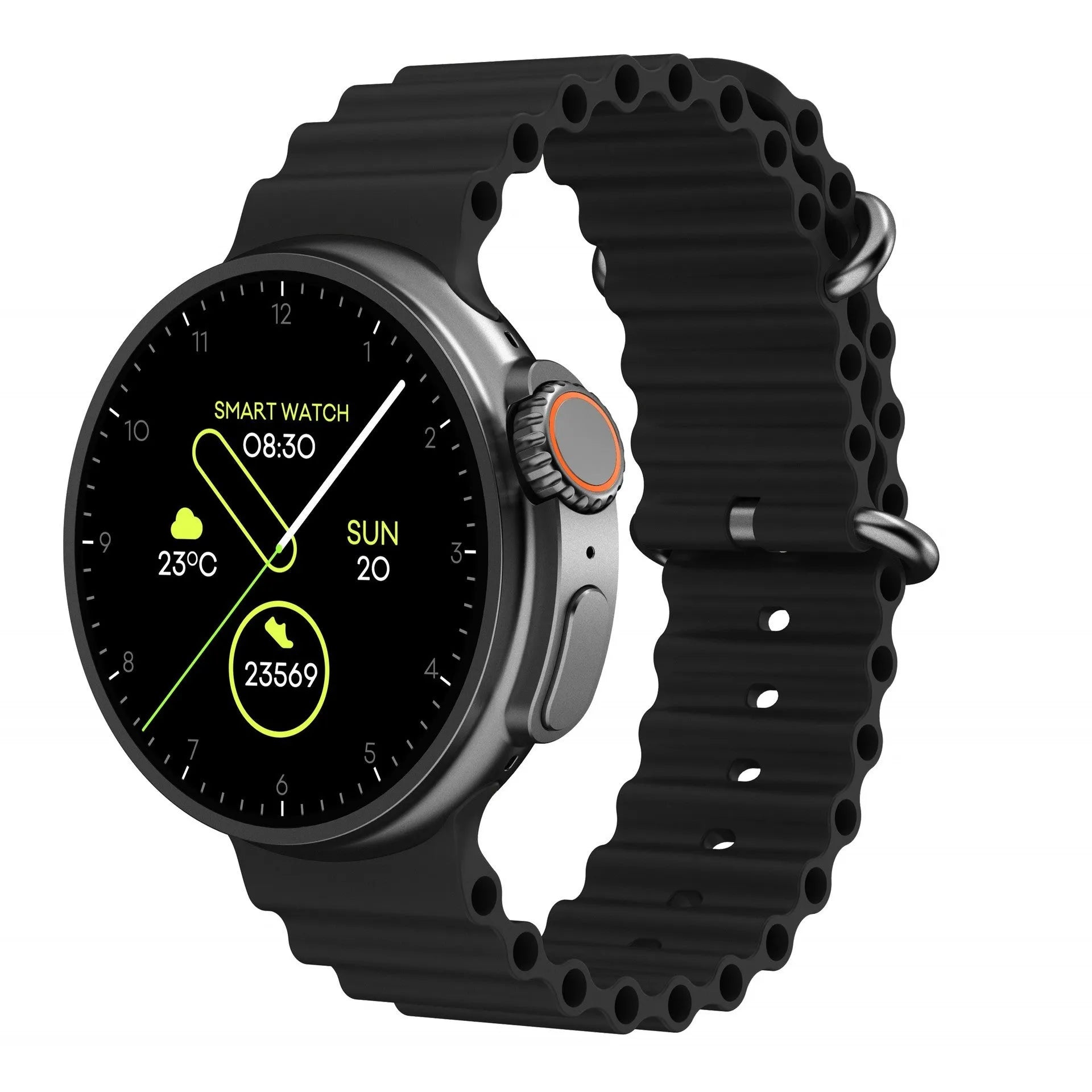 K9 smart watch with round screen and silicone strap showing health stats on display