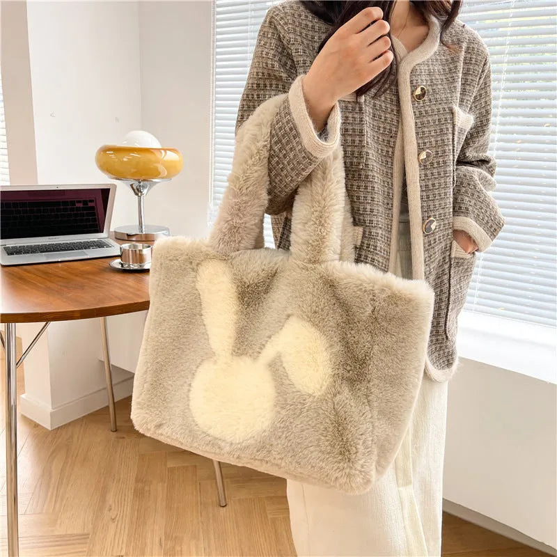 Cartoon rabbit ears plush shoulder bag in solid colour with large capacity