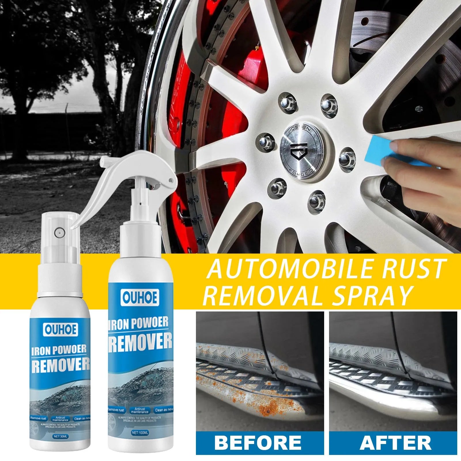 Automotive rust remover spray bottle with blue square sponge applicator for car rust treatment