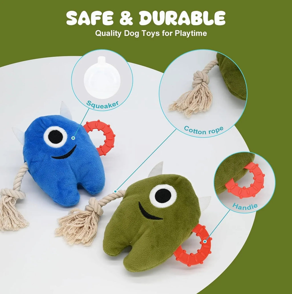 Large blue and green plush dog toy with cotton rope ends and a squeaker inside.