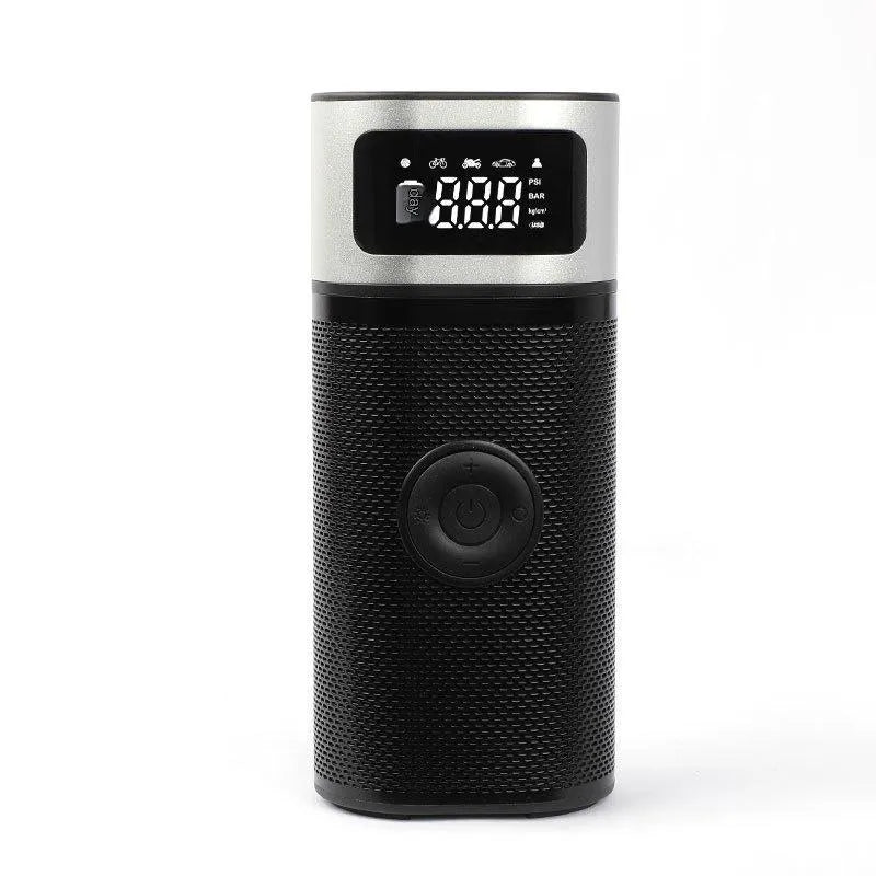 Black portable wireless smart vehicle air pump with LED light and multiple inflation nozzles