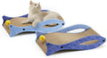 Blue fish-shaped cardboard cat scratcher lounge with a hanging bell toy for indoor cats