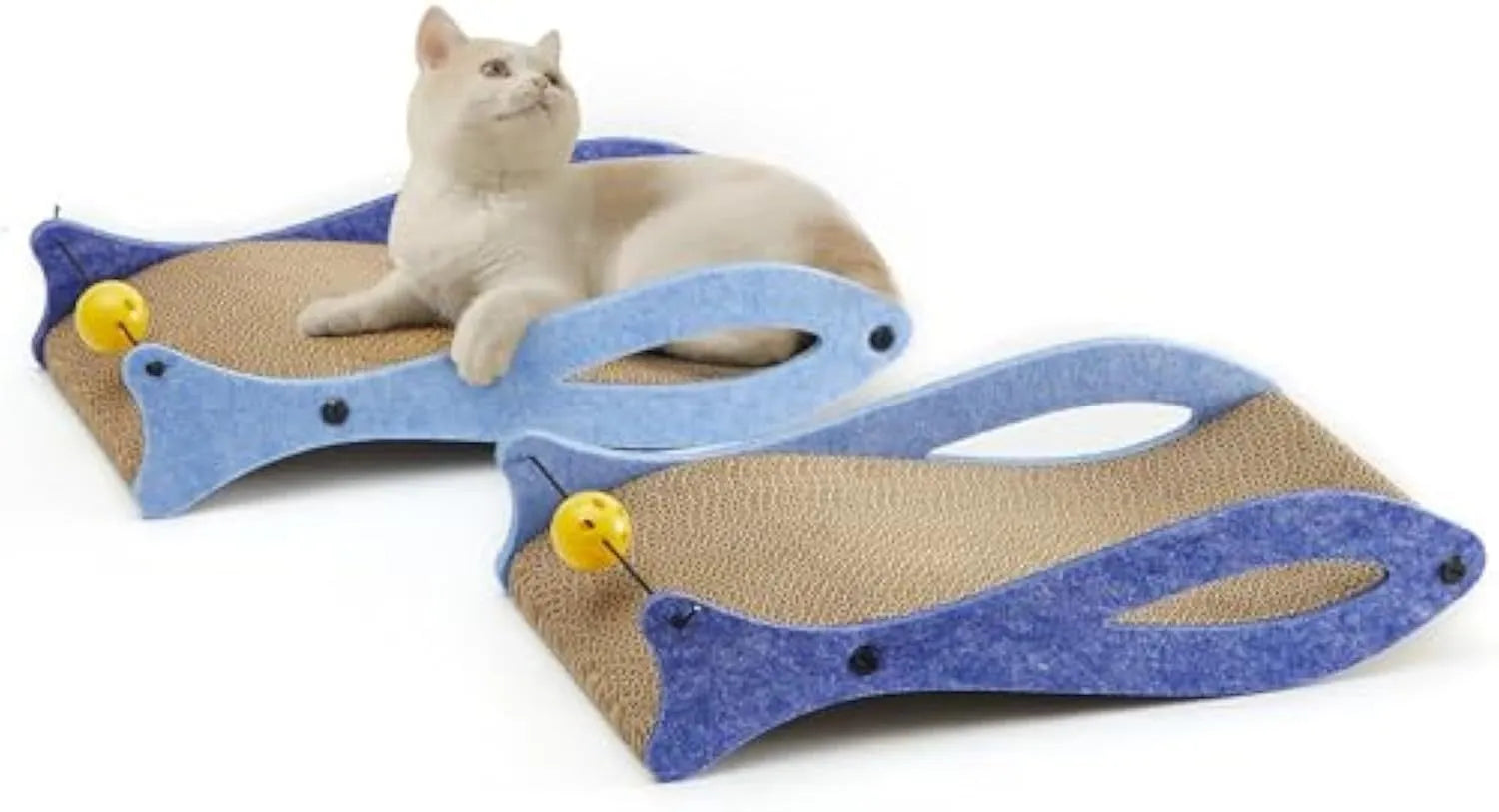 Blue fish-shaped cardboard cat scratcher lounge with a hanging bell toy for indoor cats