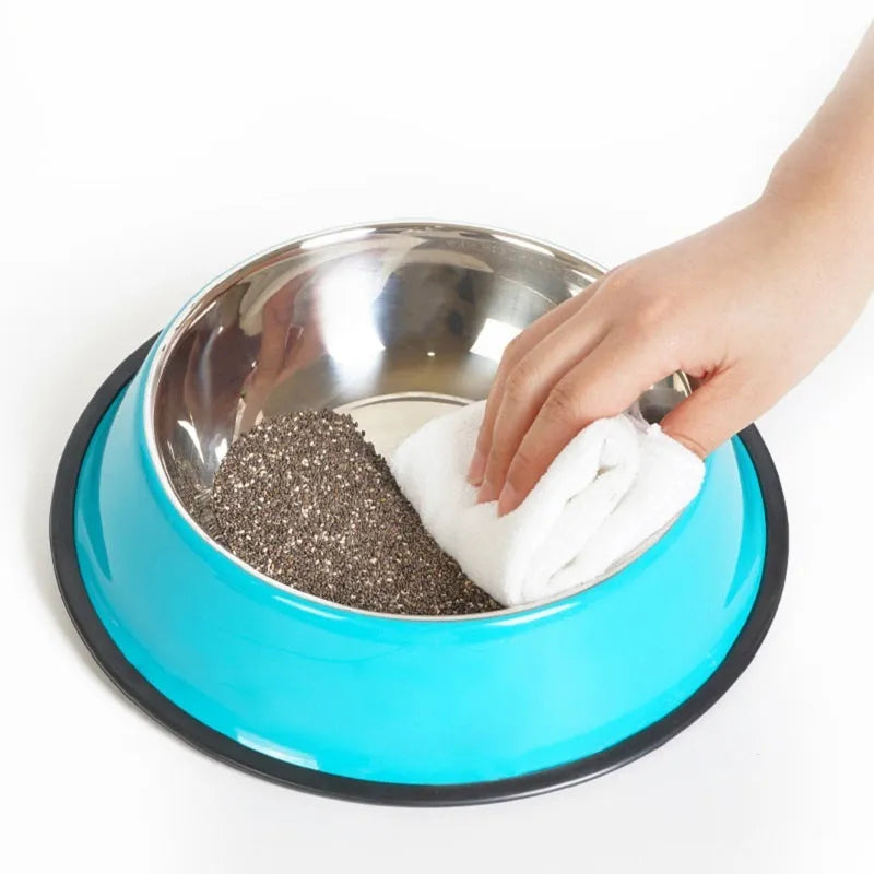 Pet feeding bowl with stainless steel inner, colourful melamine outer, and anti-slip rubber base