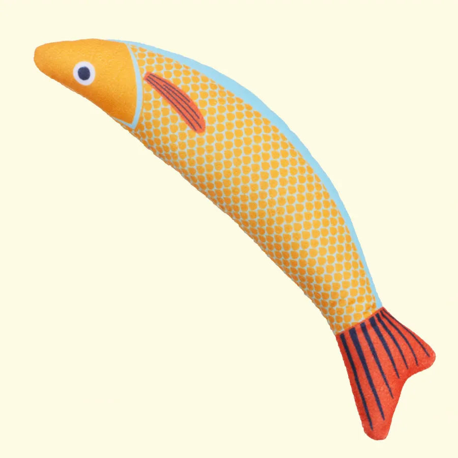 Soft plush catnip fish toy in bright colours with crinkle sounds for interactive cat play