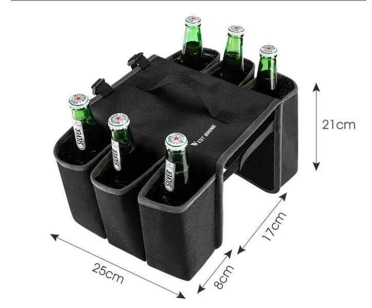 Black and orange double-sided bicycle drink holder bag made from 600D PVC fabric mounted on a bike frame.