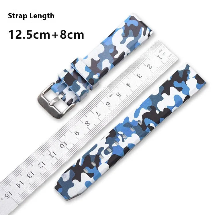 Camouflage silicone watch strap in green, blue and grey patterns for 20mm, 22mm and 24mm watch lugs