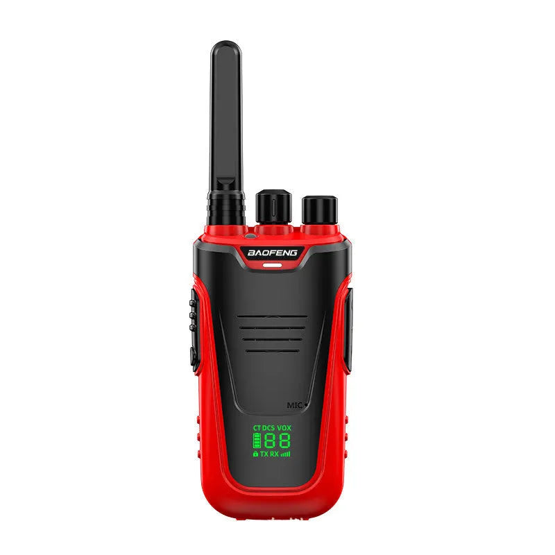 Red and yellow hotel restaurant intercom pager showing compact 95mm size with USB charging port