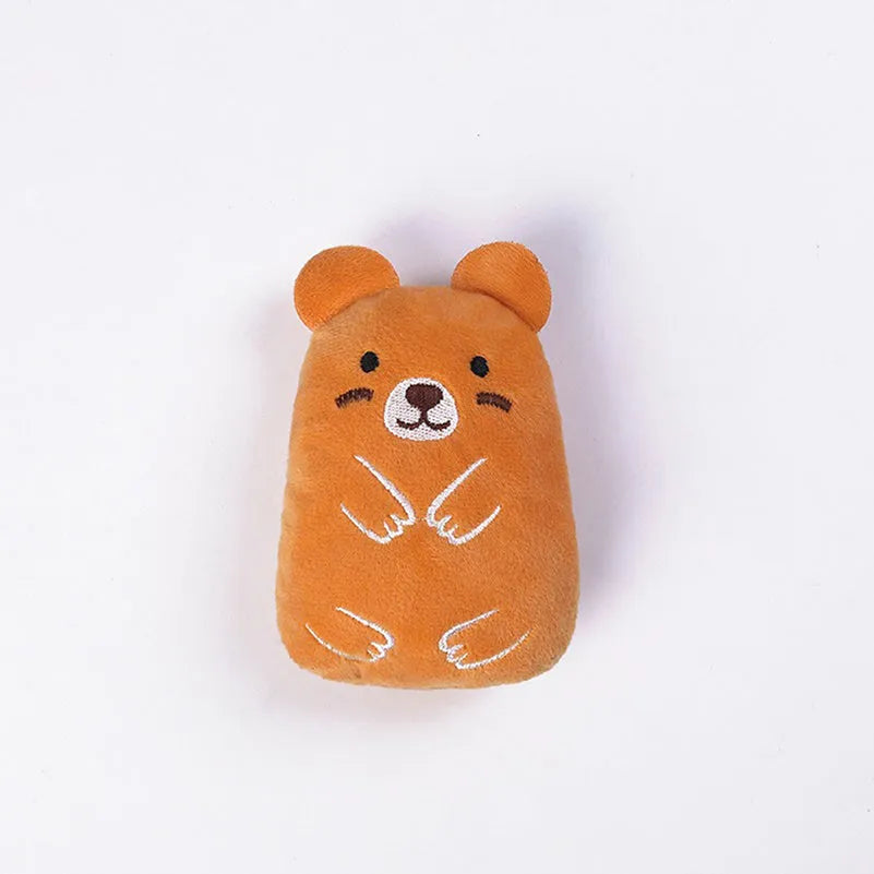 Brown plush cat toy with claw designs for chewing and teeth grinding, filled with catnip.