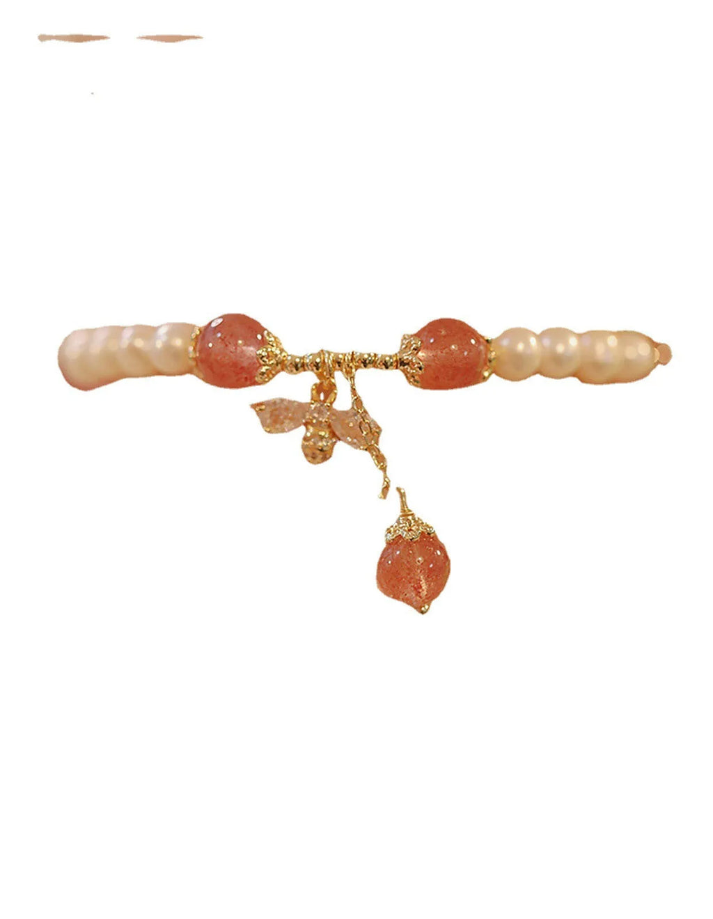 Strawberry quartz crystal bracelet with bow detail and stringed pearls for women